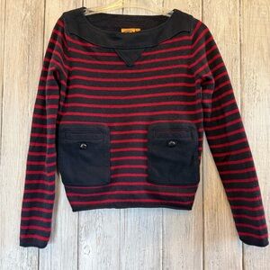 Tory Burch Black and Red Striped Scoop Neck Sweater with Front Patch Pockets